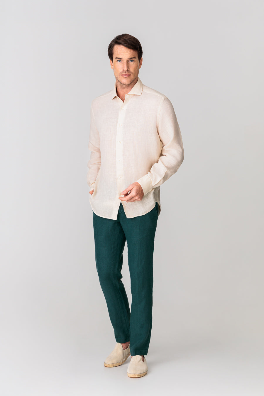 Camisa lino beige para hombre